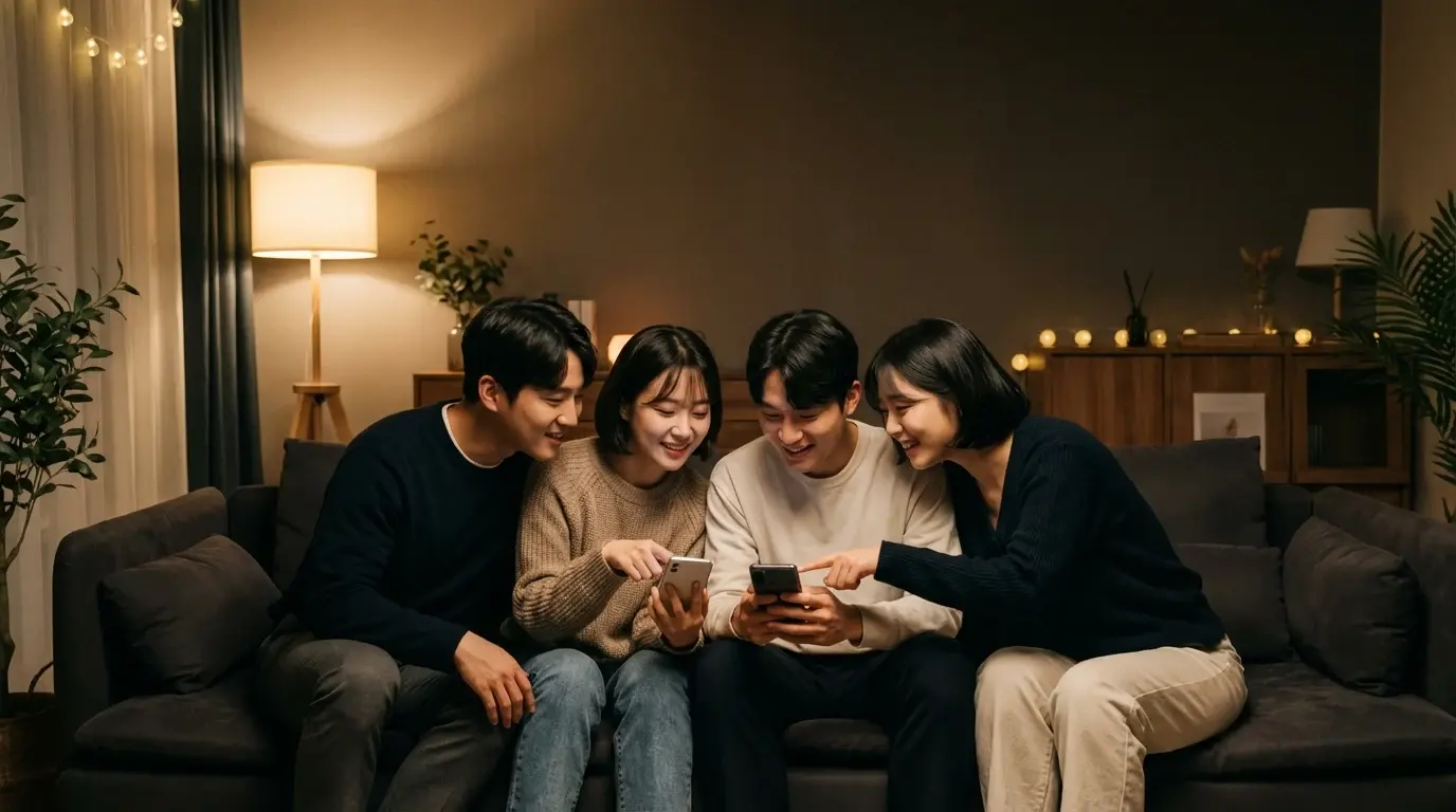 가족과 모임 사진을 함께 고르는 장면